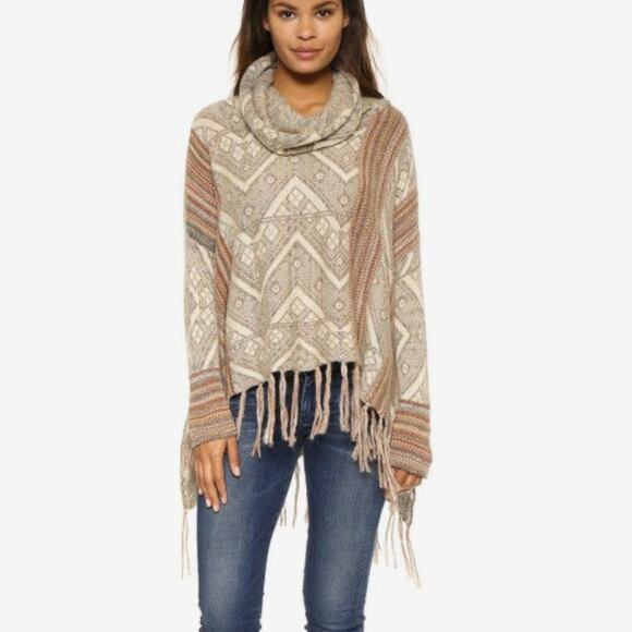 Free People Be The One Fringe Cowlneck Poncho Sweater Wool Alpaca Size Medium - Picture 2 of 12
